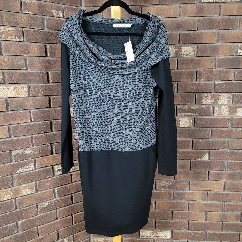 209 wst off the shoulder mixed media shawl collar long sleeve column dress